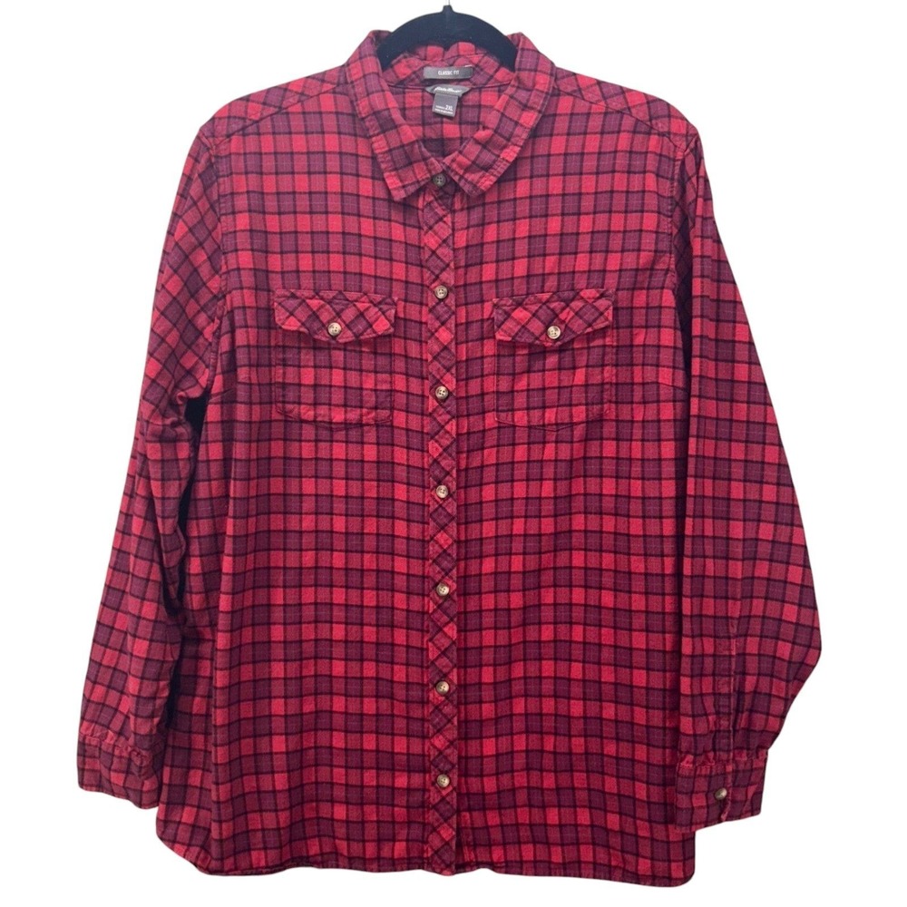 Eddie Bauer Womens 2XL Red Black Plaid‎ Flannel Shirt Classic Fit Long Sleeve